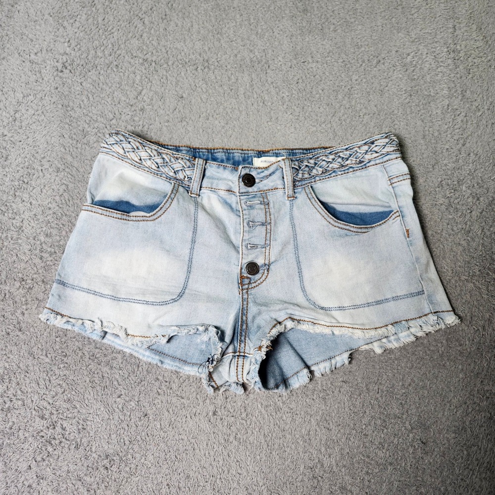 Blue Asphalt Womens 11 Light Wash Denim Shorts Braided Waist Button Fly Frayed
